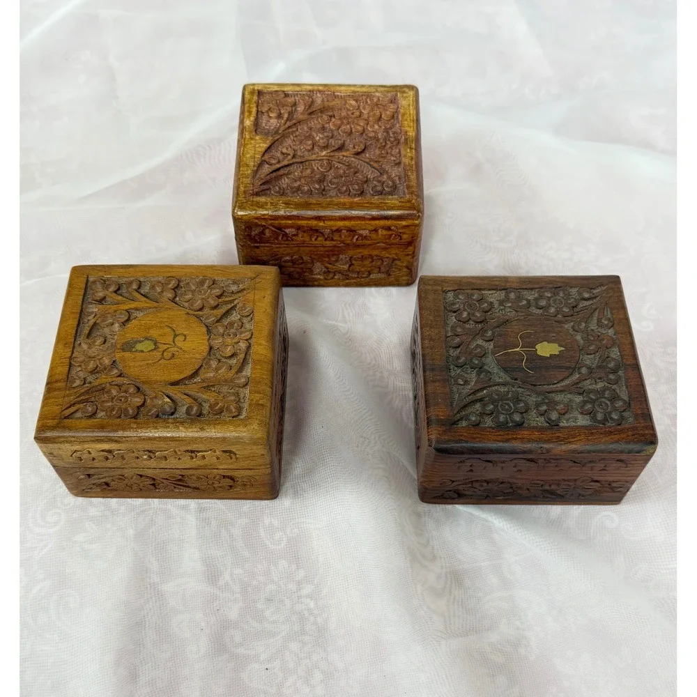 Set of 3 Vintage Hand Carved Wooden Trinket Boxes Floral Jewelry Keepsake Chests